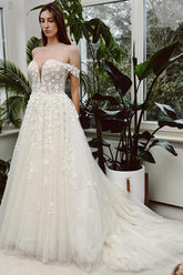 Ivory Long A-line Off the Shoulder Tulle Lace Wedding Dress