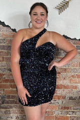 Asymmetrical One Shoulder Dark Green Sequins Mermaid Homecoming Dress
