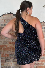 Asymmetrical One Shoulder Dark Green Sequins Mermaid Homecoming Dress