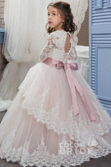 Long Scoop Neck Ball Gown Flower Girl Dress with Long Sleeves
