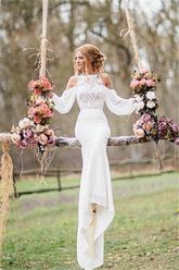 Elegant Lace Long Mermaid Chiffon Wedding Dresses with Sleeves