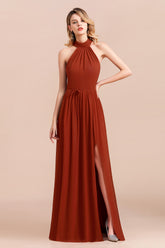 A-Line Halter Chiffon Floor Length Ruched Bridesmaid Dress With Side Slit