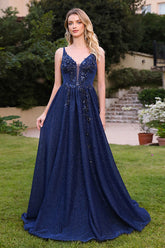 Stunning Dark Navy Long A-line V-neck Glitter Backless Prom Dresses