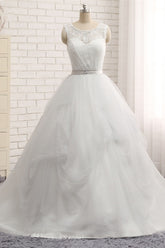 Elegant White Long A-line Jewel Tulle Lace Wedding Dress