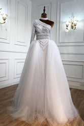Elegant One Shoulder Long Sleeve Appliques Lace Floor Length Tulle Mermaid Prom Dress