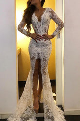 Simple Mermaid V-neck Lace Long Sleeves Formal Prom Dress with Slit