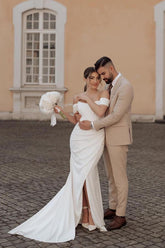 Simple Long Mermaid Off the shoulder Satin Wedding Dress with slit