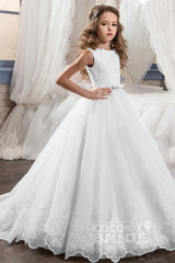 Long Tulle Scoop Neck Sleeveless Ball Gown Flower Girl Dress