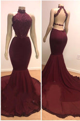 Mermaid Long Burgundy Lace High Neck Open Back Prom Dresses