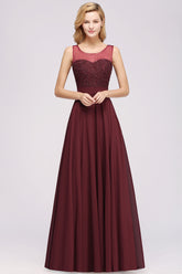 A-Line Chiffon Tulle Lace Beadings Jewel Sleeveless Floor Length Bridesmaid Dresses with Sash