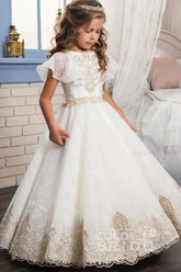 Long Scoop Neck Short Sleeves Ball Gown Flower Girl Dress