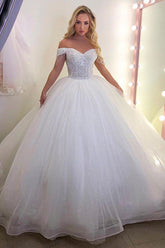Elegant Long Ball Gown Sequin Off the Shoulder Tulle Wedding Dress