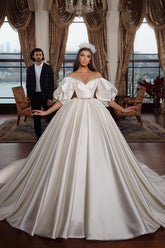 Elegant Long Ball Gown Off the Shoulder Satin Wedding Dresses with Sleeves