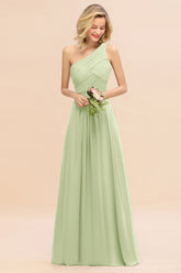 Elegant Sage A-line Chiffon Ruffles One Shoulder Long Bridesmaid Dress