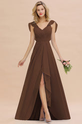 Simple High Low A-line V-Neck Ruffles Chiffon Brown Bridesmaid Dress