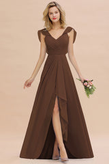 Simple High Low A-line V-Neck Ruffles Chiffon Brown Bridesmaid Dress