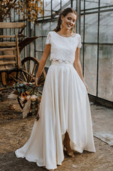 A-line Satin Lace High Low Two Piece Wedding Dress with Short Sleeve