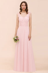 Elegant Long A-line Sweetheart Lace Chiffon Pink Bridesmaid Dress