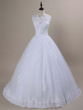 Modest White Long Lace Covered Button Ball Gown Wedding Dresses
