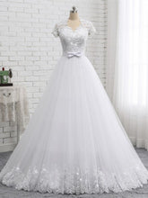 Elegant Long A-line Sweetheart Lace Beaded Tulle Wedding Dresses with Short Sleeves
