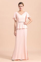 Glamorous V-Neck Beadings Satin Pink Mother of Bride Dresses