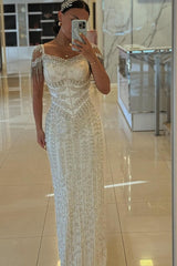 Long Sweetheart Tulle Beaded Mermaid Formal Evening Dresses with Cap Sleeves