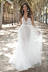 Long V-neck Open Back Appliques Tulle A-line Wedding Dress