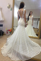 Long Mermaid V-neck Sleeveless Open Back Lace Wedding Dress