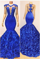 Royal Blue Long Flowers Sleeveless Mermaid Prom Dress With Lace Appliques