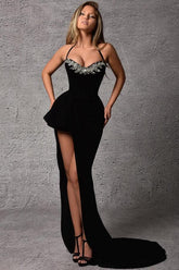 Black Long Mermaid Sweetheart Spaghetti Straps Sleeveless Prom Dresses with Slit