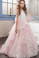 Long Tulle Lace Scoop Neck Sleeveless Ball Gown Flower Girl Dress