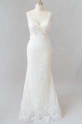 Elegant Long Mermaid Appliques Lace V-neck Chiffon Wedding Dress