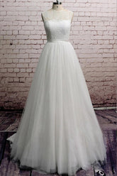 Long A-line Illusion Lace Tulle Chapel Train Backless Wedding Dress