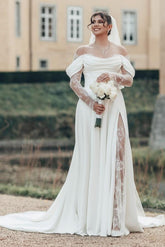Long Off The Shoulder Split Front A-Line White Wedding Dress with Ruffles