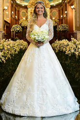Elegant Long Sleeves A-line V-neck Satin Floral Lace Wedding Dress