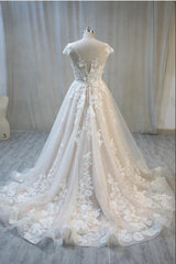 Elegant Plus Size Long A-Line Bateau Backless Appliques Lace Tulle Floor Length Wedding Dress