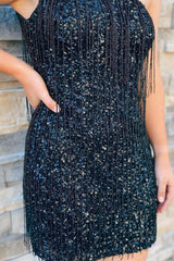 Black One Shoulder Tassel Short Mermaid Homecoming Dress