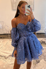Short A-line Strapless Sequin Homecoming Dress with Detachable Sleeves