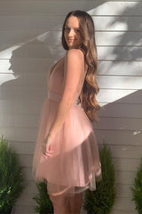 A-line V-Neck Tulle Short Open Back Homecoming Dress