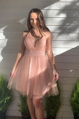 A-line V-Neck Tulle Short Open Back Homecoming Dress