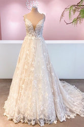 Long A-Line Sweetheart Appliques Lace Tulle Floor Length Wedding Dress