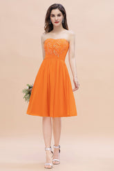 Orange Sequins A-Line Strapless Knee-length Chiffon Bridesmaid Dress