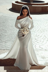 Gorgeous Long Sleeves One Shoulder Mermaid Satin Wedding Dresses