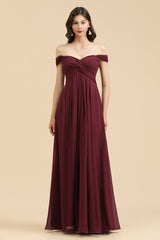 Burgundy Long A-line Off the Shoulder Chiffon Wedding Guest Dress