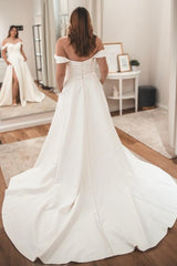 Plus Size Split Front Open Back Off The Shoulder Long A-Line Wedding Dress