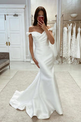 Elegant White Long Mermaid Off the Shoulder Satin Wedding Dresses