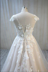 Elegant Plus Size Long A-Line Bateau Backless Appliques Lace Tulle Floor Length Wedding Dress