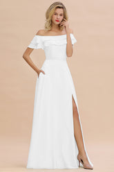 Off the Shoulder Front Slit Mint Green Long Bridesmaid Dress