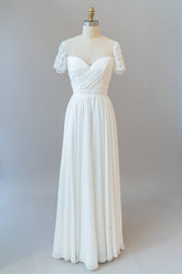 Long Sweetheart Ruffle Chiffon A-line Wedding Dress with Short Sleeve