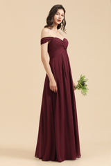 Burgundy Long A-line Off the Shoulder Chiffon Wedding Guest Dress